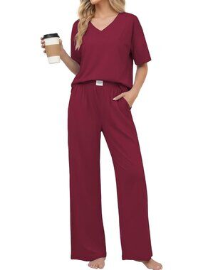 Women's Wine Cotton Short Sleeve Sleepwear Pant Pockets Pajama Set